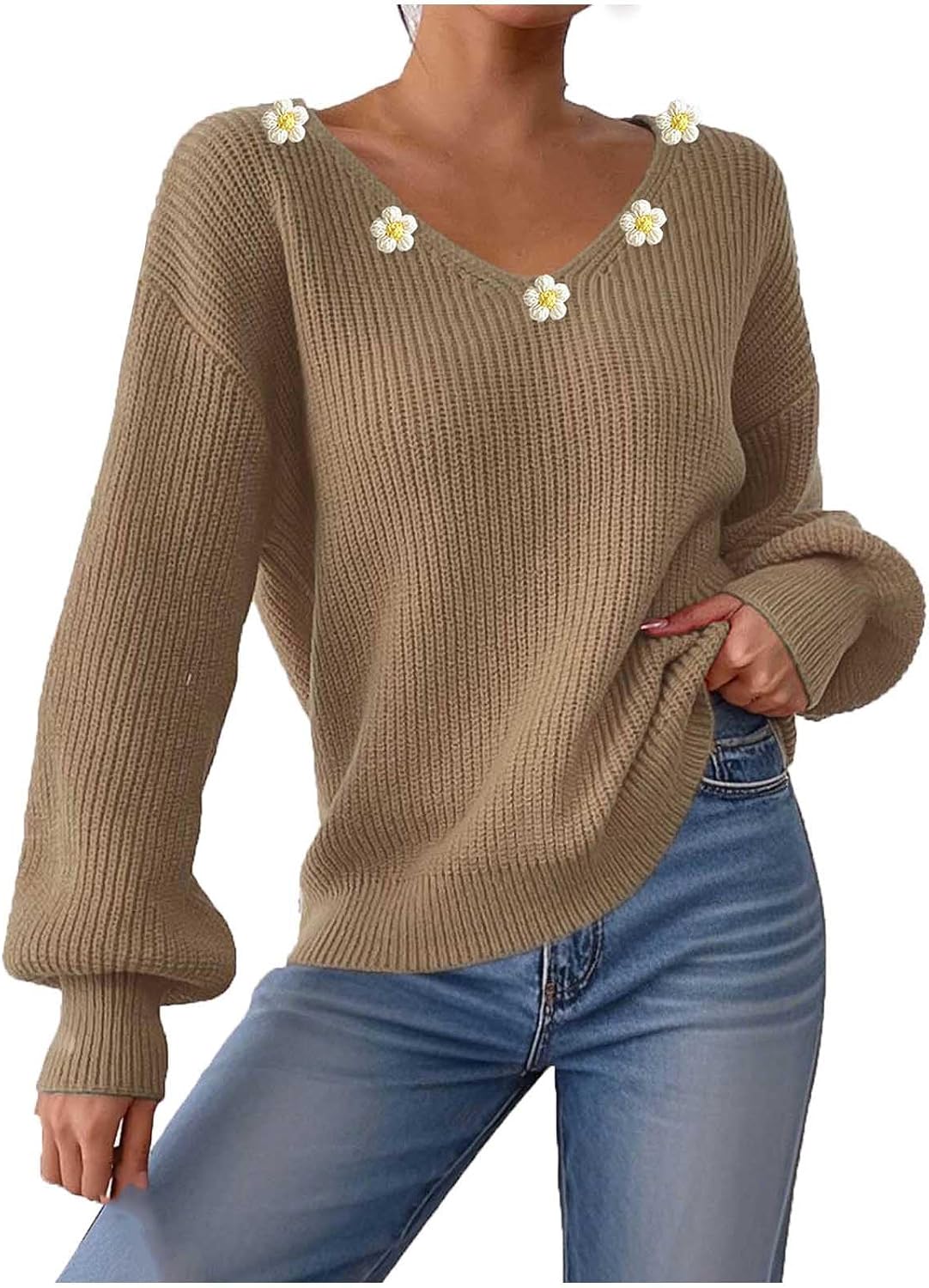 Womens 3D Flower Sweaters Casual Long Sleeve V Neck Cable Knit Oversized Crochet Sweater Pullover Tops Fall Clothes