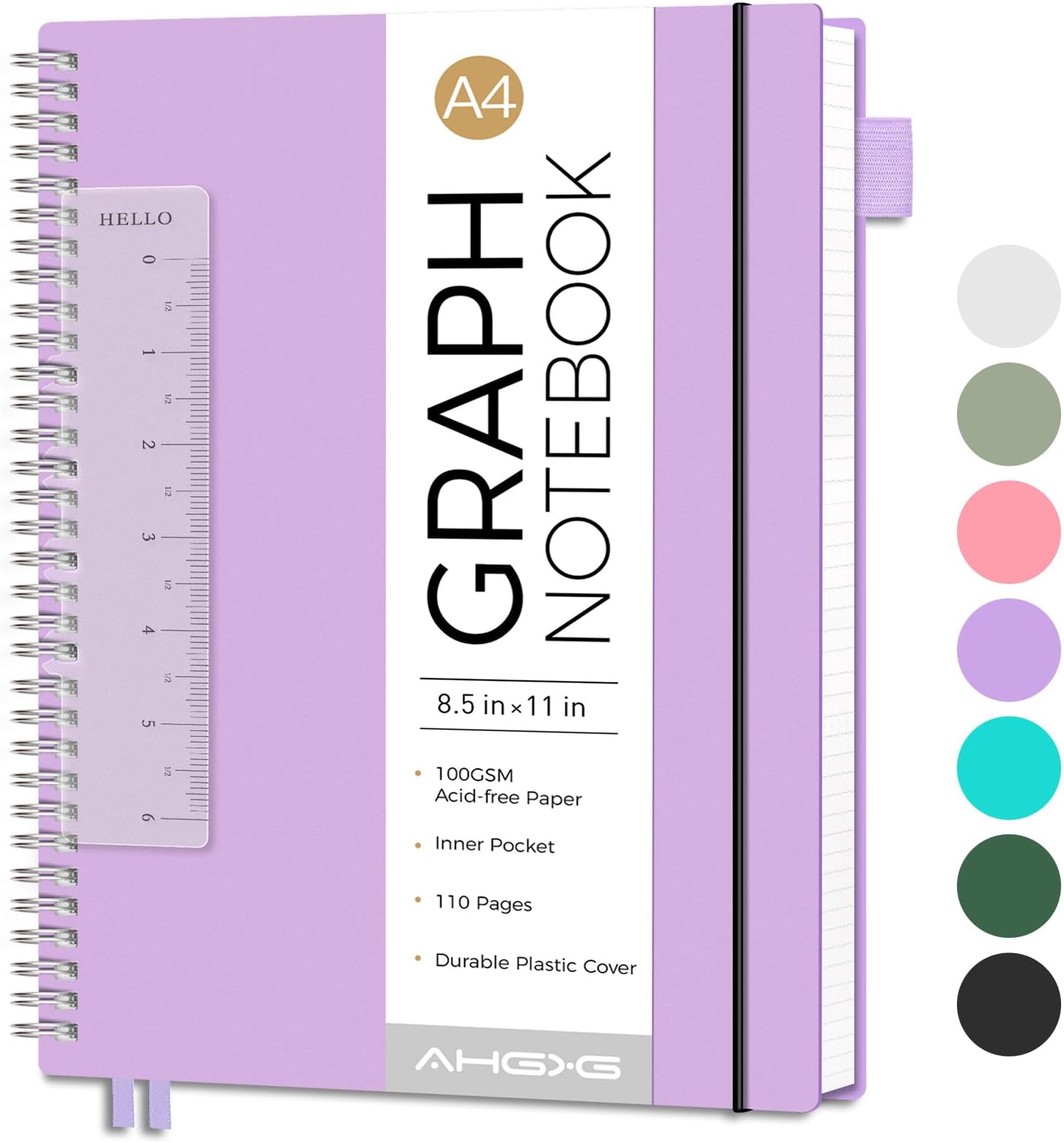 AHGXG Graph Paper Notebook - Spiral Notebook 8.5" x 11", A4 Large Graph Notebook, 100 gsm Thick Grid Paper, Waterproof Plastic Cover Journals for School Writing Engineering Math, Purple