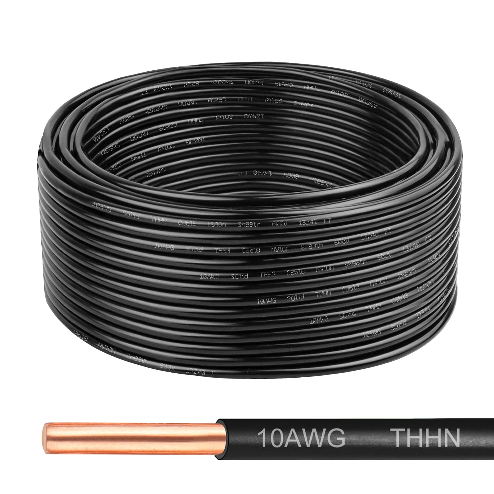 THHN Wire 10 Gauge 50 FT, 10 AWG Solid OFC Copper Electrical Building Wire with Nylon Jacket PVC Insulation, Rated 600V for Residential, Industrial, CNC, Ground (10 Gauge, Black)