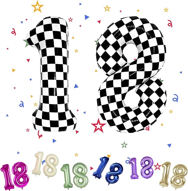 Number 18 Balloon, Checkered Number Balloon, 40" Black White Number Balloon,18th Birthday Balloon, Black and White Balloon Number 18 for Race Car 18th Birthday Decorations Number 18 Checkered Balloon