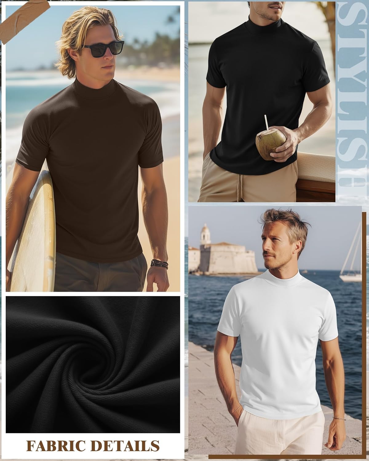 Ficerd 3 Pack Men's Turtle Neck Shirts, Short Sleeve Mock Turtleneck T Shirts Knitted Slim Fit Basic Undershirt Tops, Medium