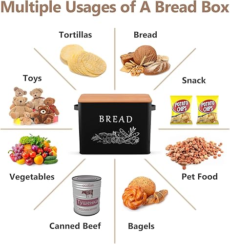 Miniatura 7 de P&P CHEF Panera negra para encimera de cocina, contenedor de almacenamiento de pan de metal con tapa de corte de madera, gran capacidad para