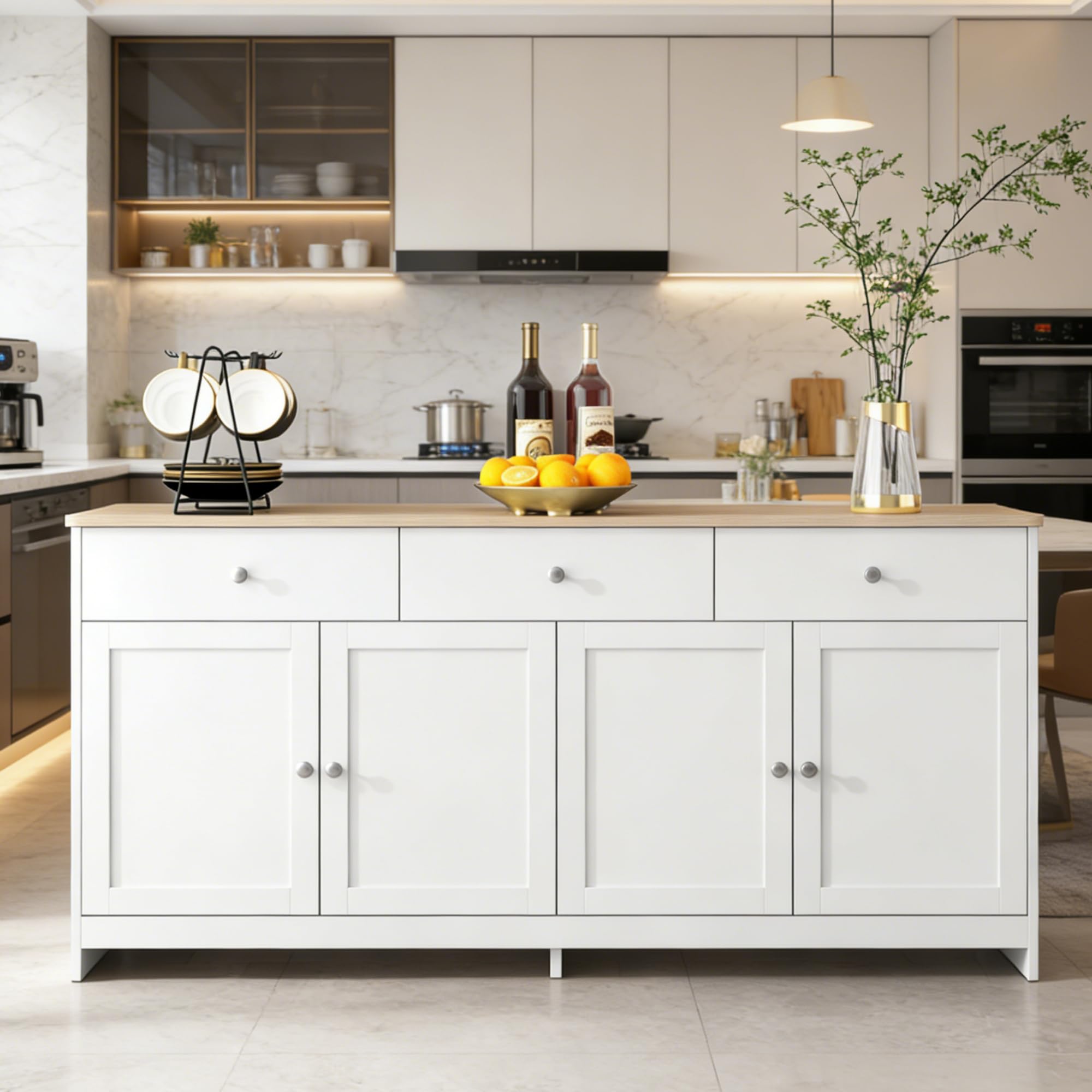 KüChenschrank, Sideboard Kommode Aufbewahrungsschrank mit 3 Schubladen 4 Türen Küchenkommode mit Arbeitsplatte Buffetschrank für Wohnzimmer Schlafzimmer Flur, 160 x 37 x 75 cm (Weiß – 3 Schubladen A)