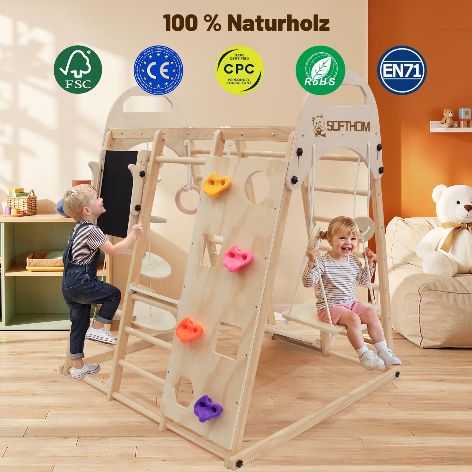 Maxi Telaio da Arrampicata per Interni, 12 in 1 Montessori Parco Giochi per Interni per Bambini(Pieghevole), Multifunzionale Telaio da Arrampicata di Legno, Lavagna, Oscillazione, Skateboard