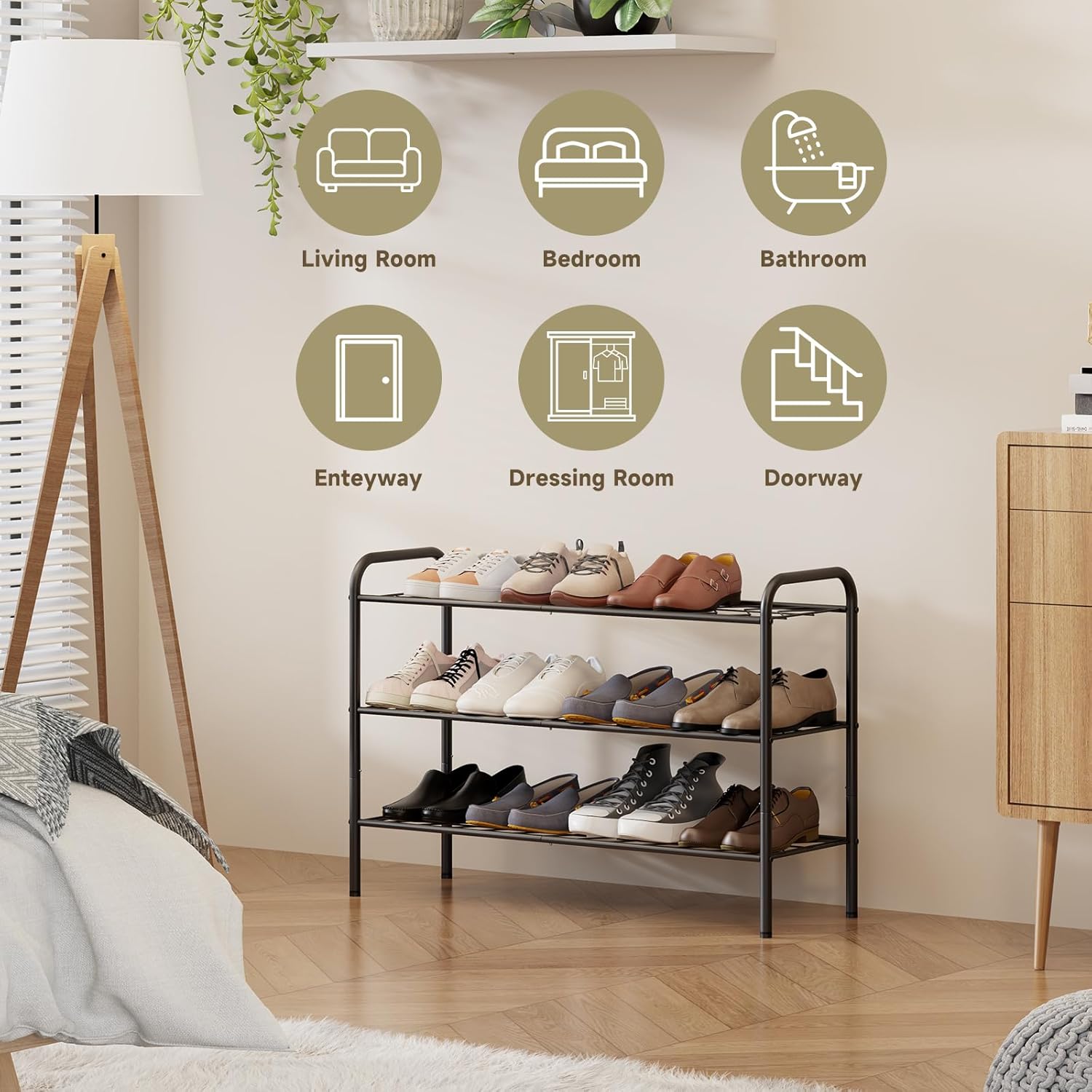 3-Tier Metal Shoe Rack, Free Standing Shoe Storage Rack for Entryway, Closet and Hallway (Black, 3-Tier)