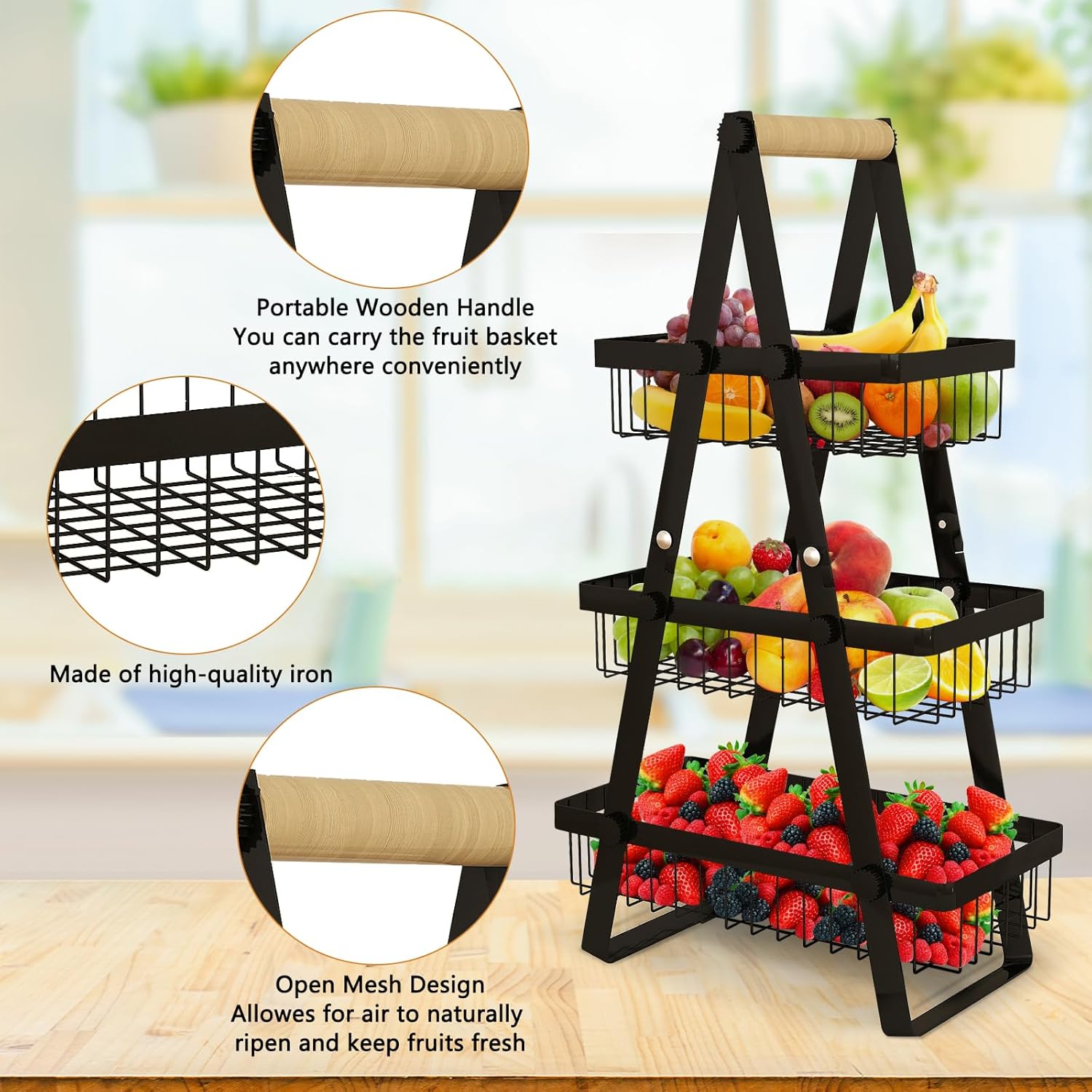 Reinforced 3-Tier Fruit Basket Fruit Bowl, Kitchen Countertop Organizer - Extra Support Rods for Fruits, Vegetables, Bread & Snacks, Detachable Space-Saving Shelves for Pantry, Cabinet, Counter - Image 6