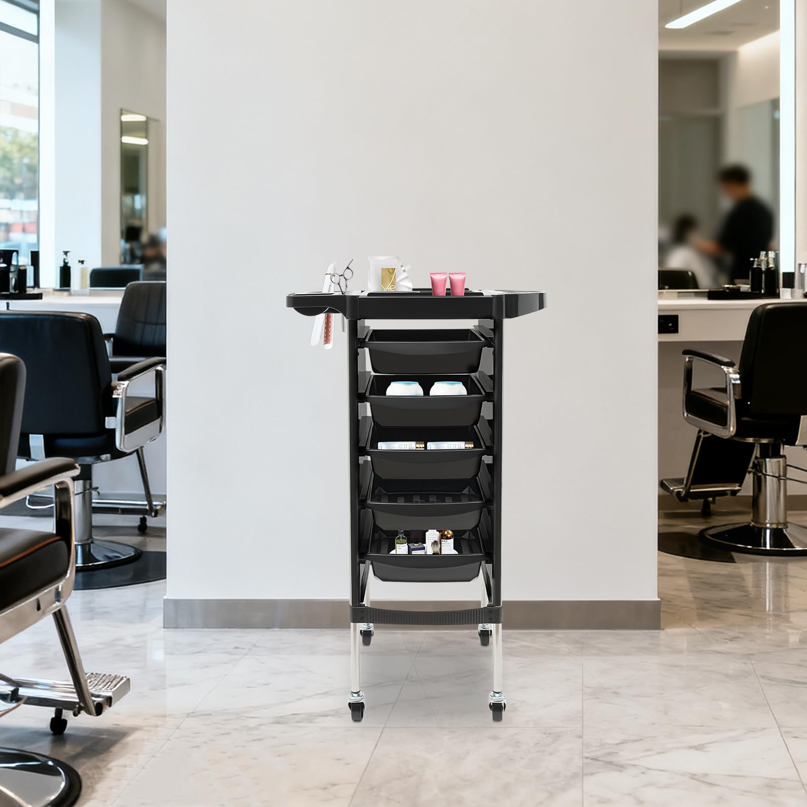 Beauty Chariot Salon de Coiffure 6 Étages 5 Tiroirs Acier Inoxydable Plastique 15 kg par Niveau 4 Roulettes Silencieuses Noir 36 x 85,5 cm