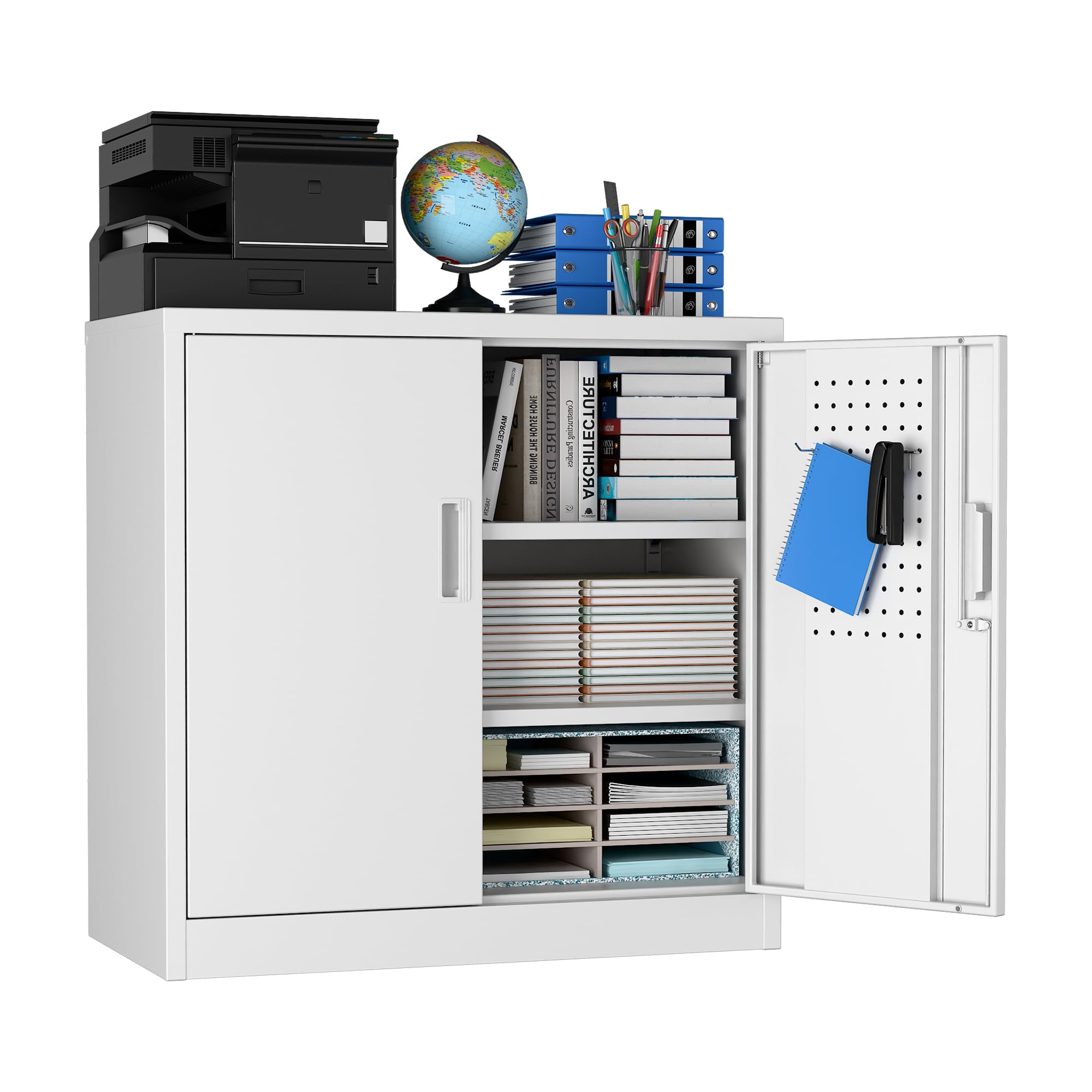 SUXXAN Metal Storage Cabinet with Pegboard 31.5'' x 31.5'' x 16.5'',Lockable Rolling Steel Storage Cabinet with 5 Adjustable Shelves and Door for