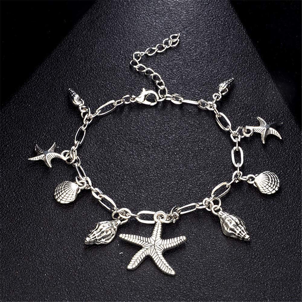 Tobillera De Playa De Verano, Tobillera De Cadena Plateada Vintage Bohemia con Colgante De Concha De Vieira De Estrella De Mar, Sandalia De Playa Encantadora De,