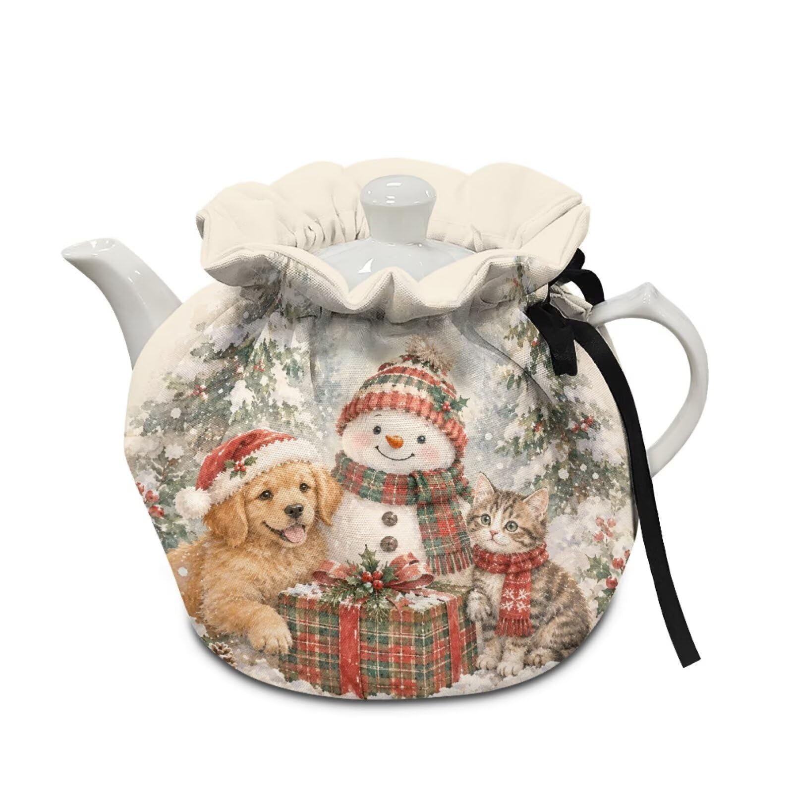 Poceacles Christmas Tea Cosy Keep Warm Post Teapot Cover Insulated Tea Kettle Dust Cover for Teapots Breakfast Pot Tabletop Kitchen Accessories, Snowman Dog Cat Beige