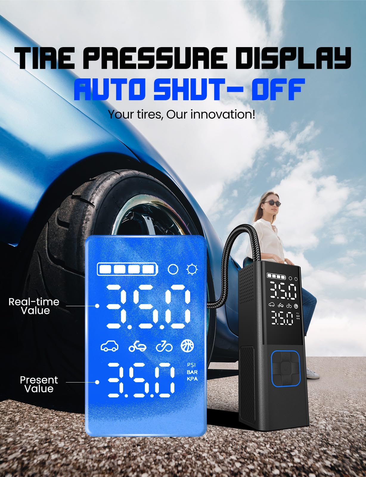 Przenośna sprężarka powietrza do opon 20000 mAh i 4 x szybsza bezprzewodowa pompa do opon do samochodu, roweru, motocykla, piłki, z manometrem w oponach i torbą do przechowywania (2024 nowa)