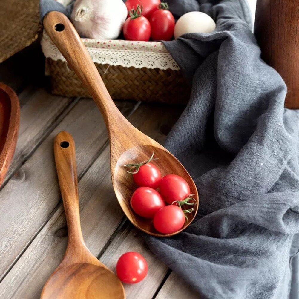 Hrippy 6-teiliges Küchengeschirr-Set Aus Holz, Kochlöffel, Servierlöffel, Holzspatel, Holzaufbewahrung, Geschirr, Küchenutensilien-Set