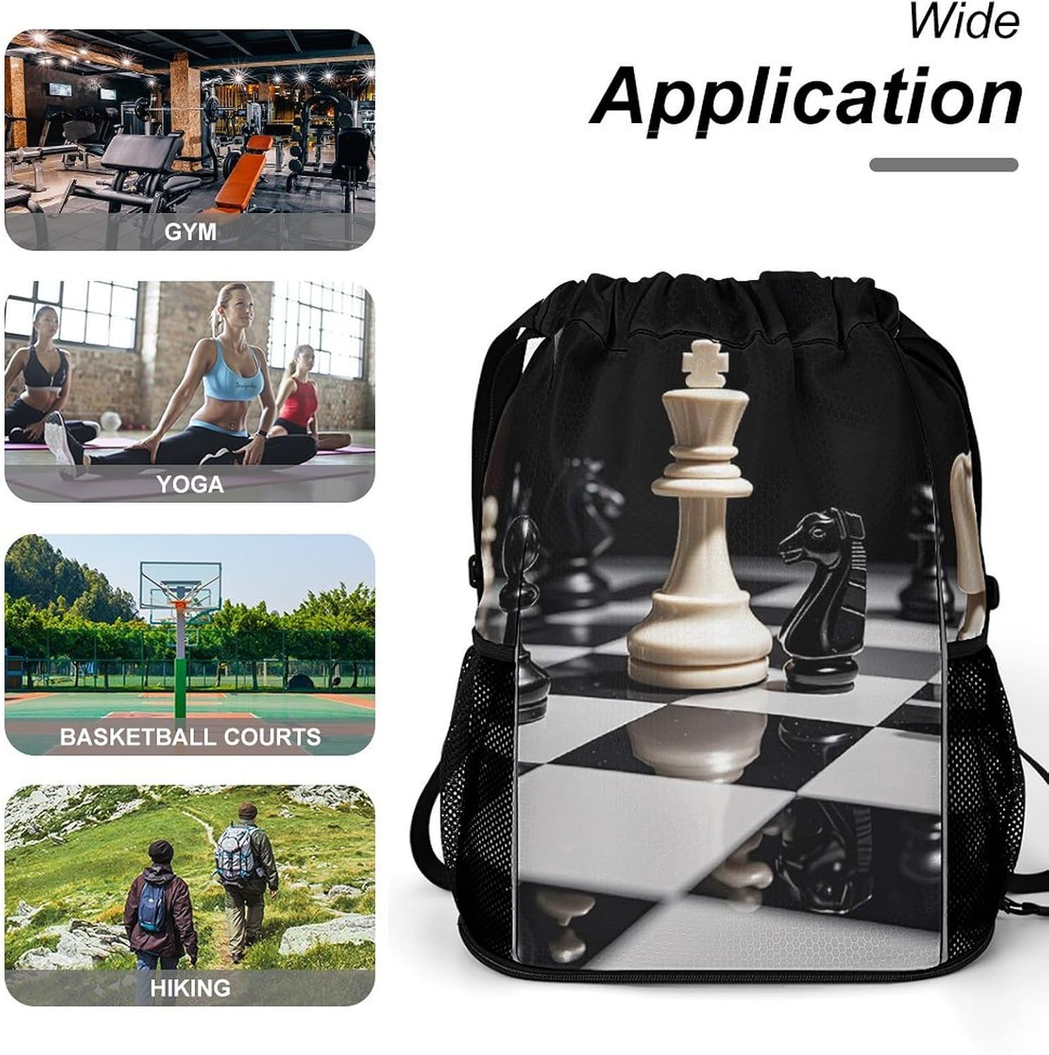 Black And White Chess Drawstring Backpack with Wet Pocket - Large Capacity Gym Bag with Shoe Compartment & Mesh Pockets, Adjustable Lightweight Gym Backpack for Swimming, Travel, Workout