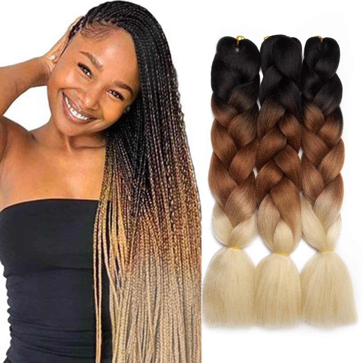 24" Ombre Jumbo Braiding Hair Extensions Jumbo Braid Hair Ombre Long Jumbo Braids For Box Twist Braid Crochet Hair High Temperature 3 Tone Colored (5 Bundles, Black to Coffee Brown to Beige)