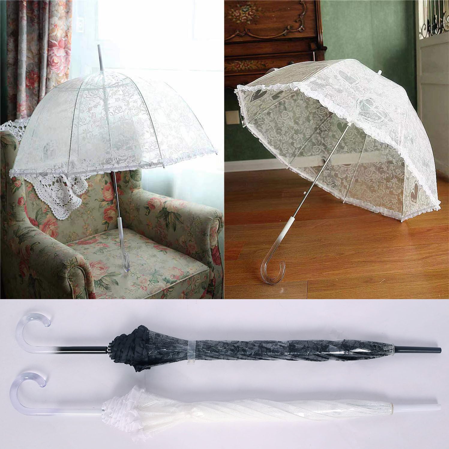 Chesoon Parasol de parapluie de dentelle en plastique Parasol de mariée de mariage Vintage Léger Dôme coupe-vent auvent avec 8 nervures