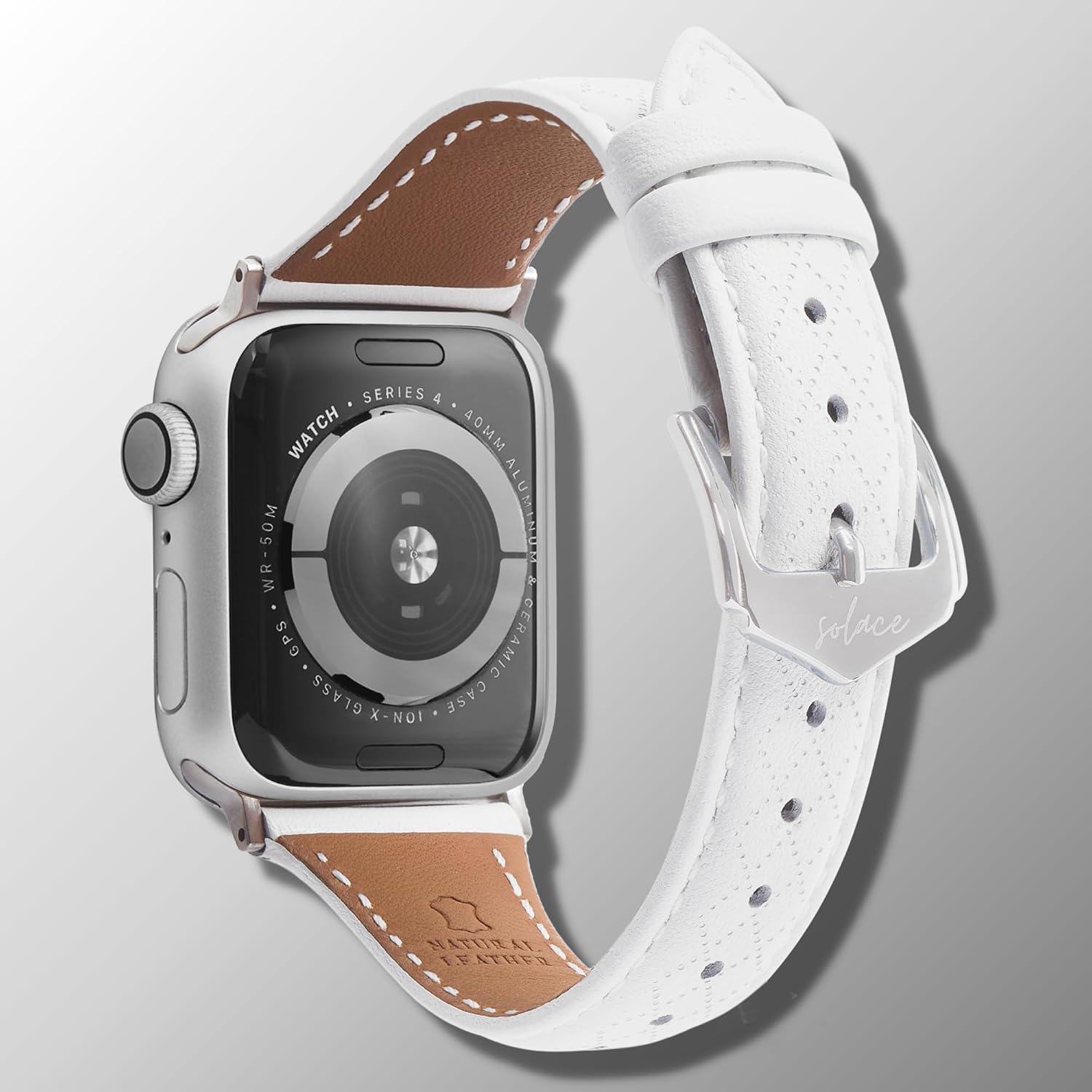 solace bands allura leather watch band - compatible with apple watch bands for women and men, leather watch band for 38mm 40mm 41mm 42mm 44mm 45mm 49mm ultra, se and 11 10 9 8 7 6 5 4 3 2 1 42/44/45/49mm white