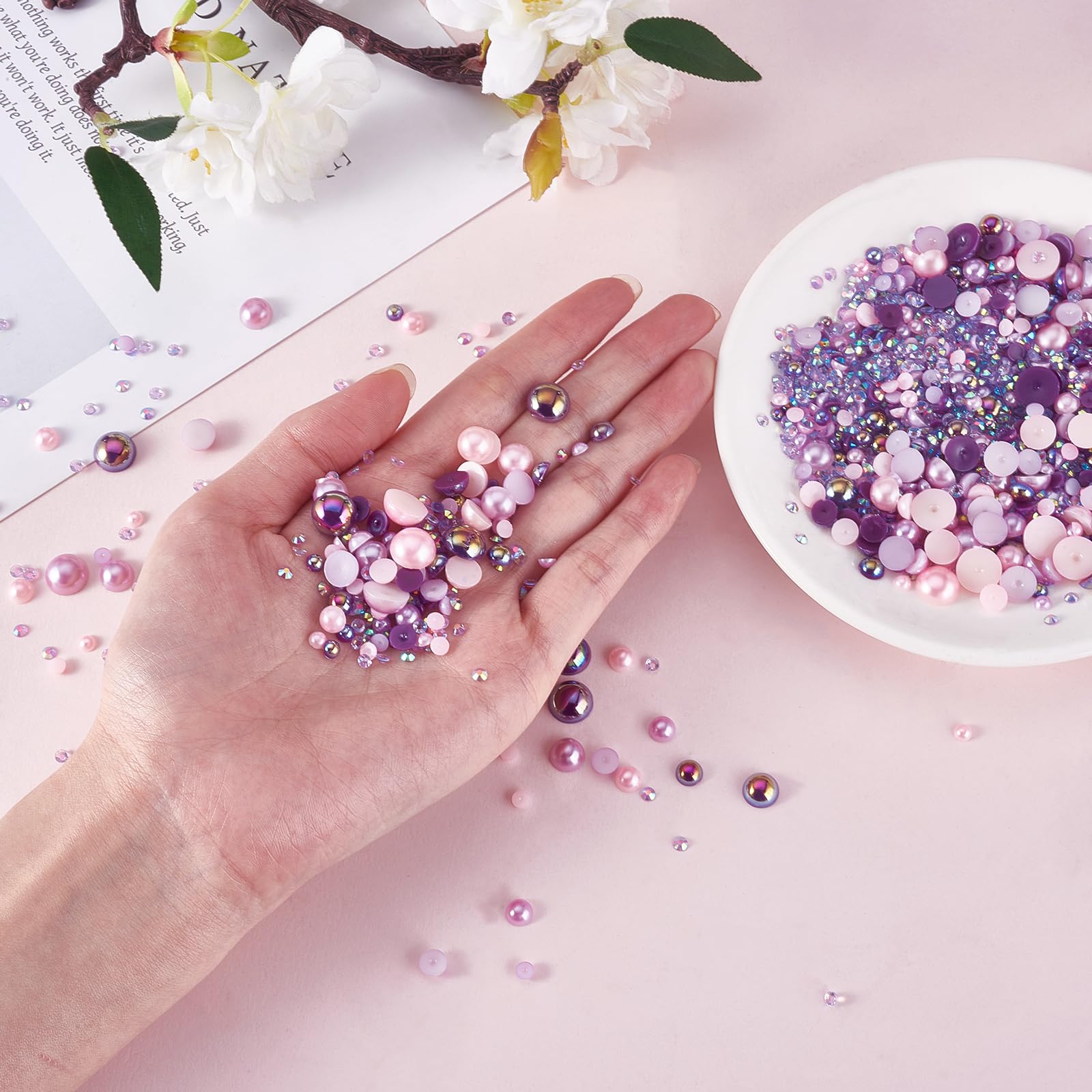 BEEFLYING 60g Mix Flatback Pearls & Resin Rhinestones Half Round Pearl Beads for Crafts 3mm-10mm Half Pearl Rhinestone for Face Art Tumblers Bottles Clothes Gift Card Jewelry Decor(Purple) - Image 2