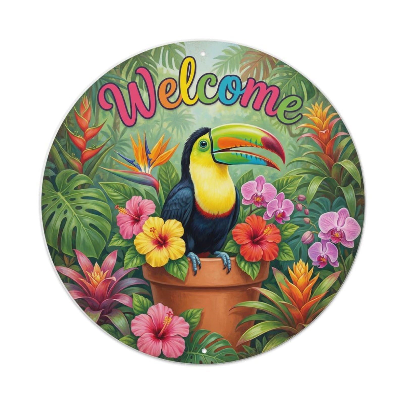 Metal Tin Sign Welcome Toucan Jungle Flower