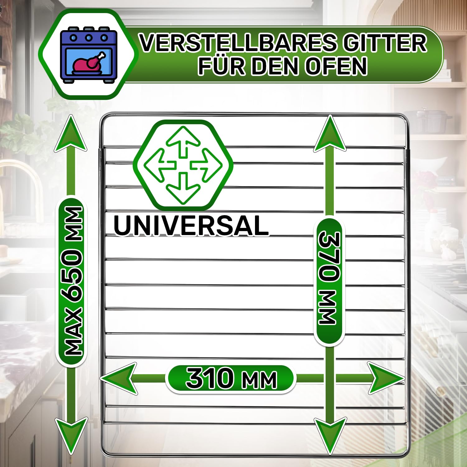 Universelles Verstellbares Backofen Gitterrost oder Kühlschrank mit einer Mindestlänge von 370 mm Maximale Länge von 650 mm und Breite von 310 mm - Garantie 5 Jahre - ONIX TECH