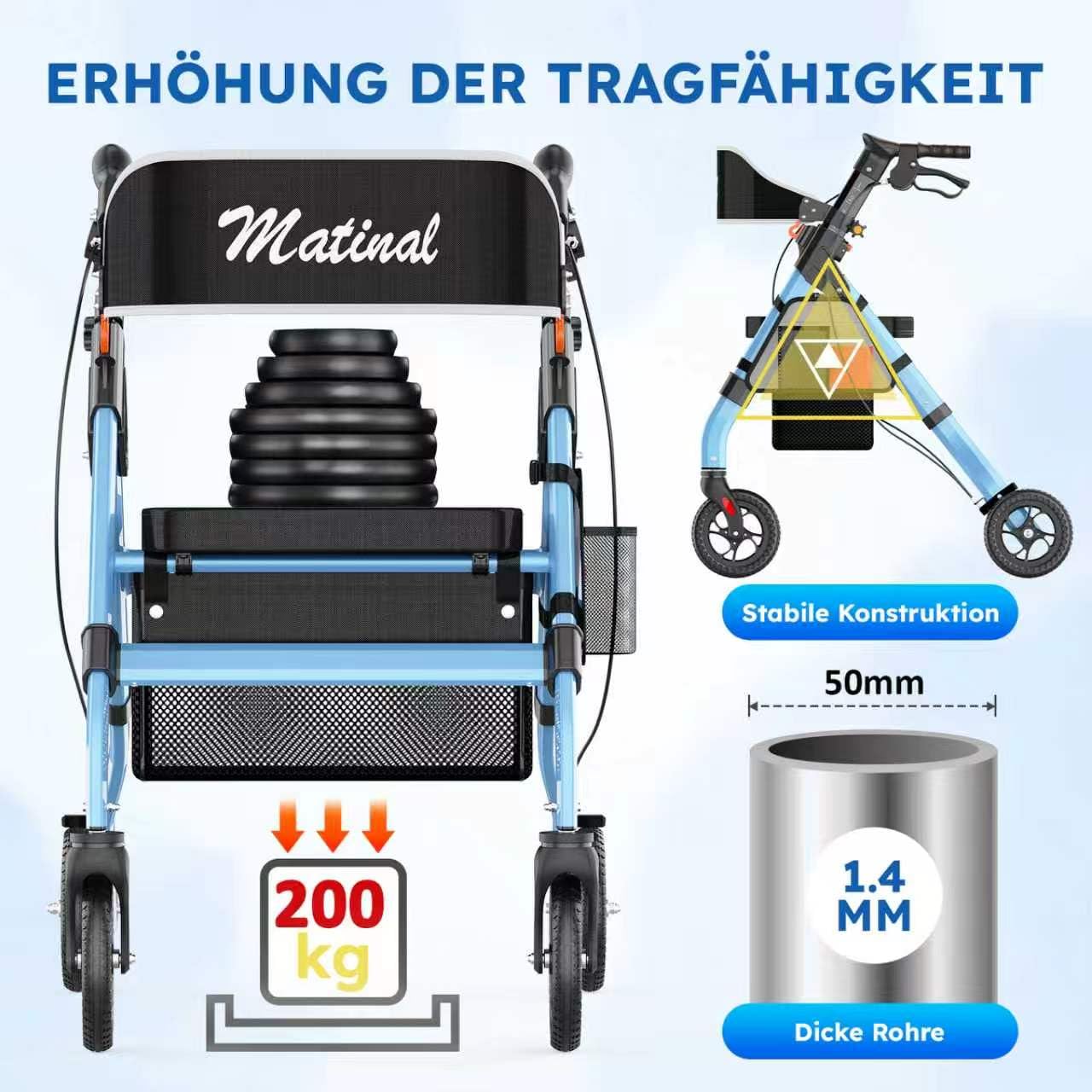 Andador de exterior con asiento para personas mayores, andador plegable con neumáticos de goma maciza para cualquier terreno, ruedas grandes de 8 pulgadas, andadores de aluminio ajustables en