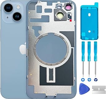 Original Back Glass Cover Battery Door Replacement & Waterproof Tape, Pre-Installed Camera Frame for iPhone 14 All Carriers Repair 14 Tool Blue