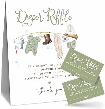 Fisherman Diaper Raffle Game Kit - Fishing Rod & Sign, 50 Tickets, Decorations for Baby Shower, Gender Reveal & Neutral, Party Favor & Supplies - A09