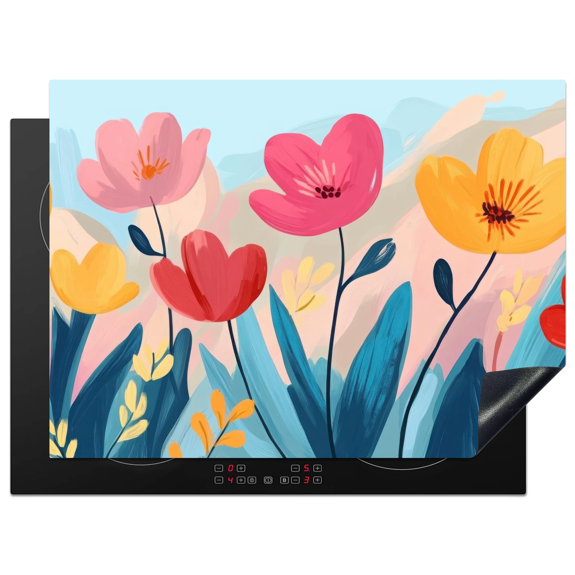 KitchenYeah© Induction Hob Protector Mat 20.5"x28" / 71x52 cm Stove Cap Top Cover Kitchen Cooker Covers for Electric Hobs Vinyl Illustration - Flowers - Colourful