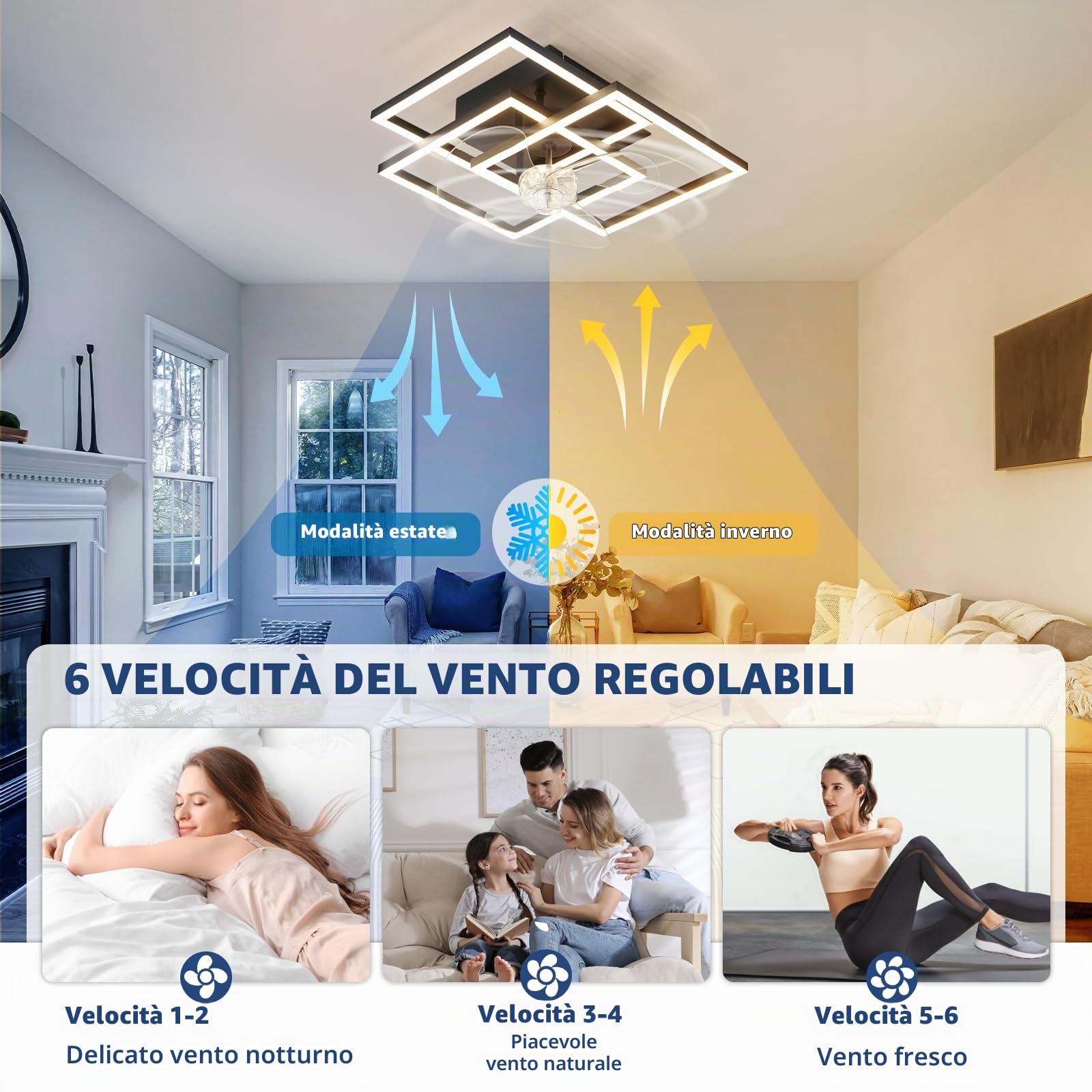 Homefire Ventilatore da soffitto con illuminazione silenzioso dimmerabile | Lampada da soffitto LED con ventilatore e telecomando 3000K-6500K 6 velocità moderno nero e timer per soggiorno e cucina
