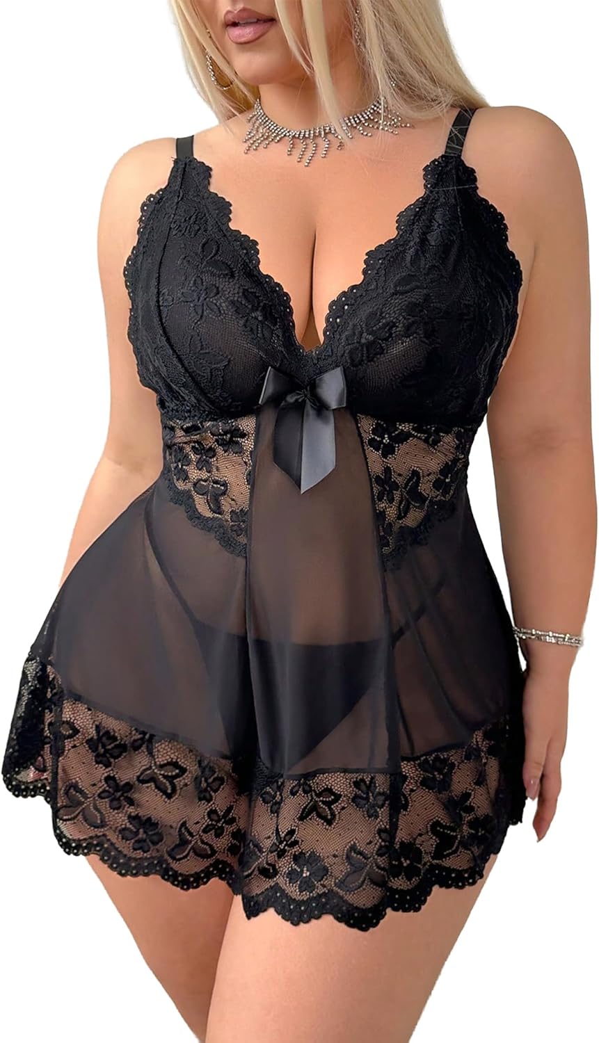 Lingerie For Plus Size Women Lace Chemise Mesh Sleepwear Strappy Sexy Nightgown Boudoir Outfit