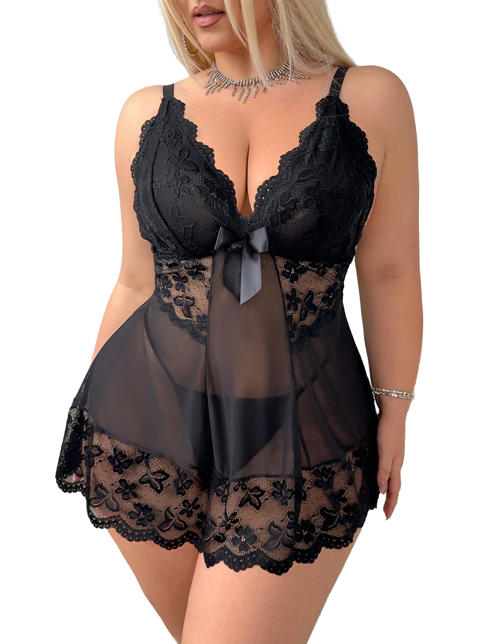 Alrovetoney Lingerie For Plus Size Women Lace Chemise Mesh Sleepwear Strappy Sexy Nightgown Boudoir Outfit Black 3XL
