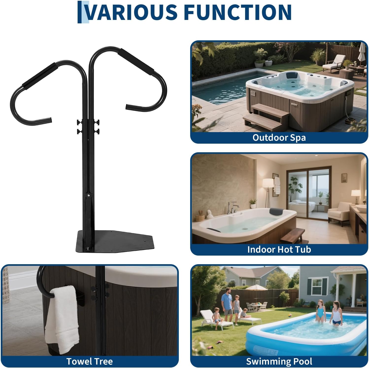 2-Way Hot Tub Handrail, 360° Swivel Spa Side Handrail with Slide Under Mount Base, 38"-58" Adjustable Height Safety Grab Bar, 600LBS Heavy Duty Hot Tub Hand Rail for Indoor/Outdoor Use