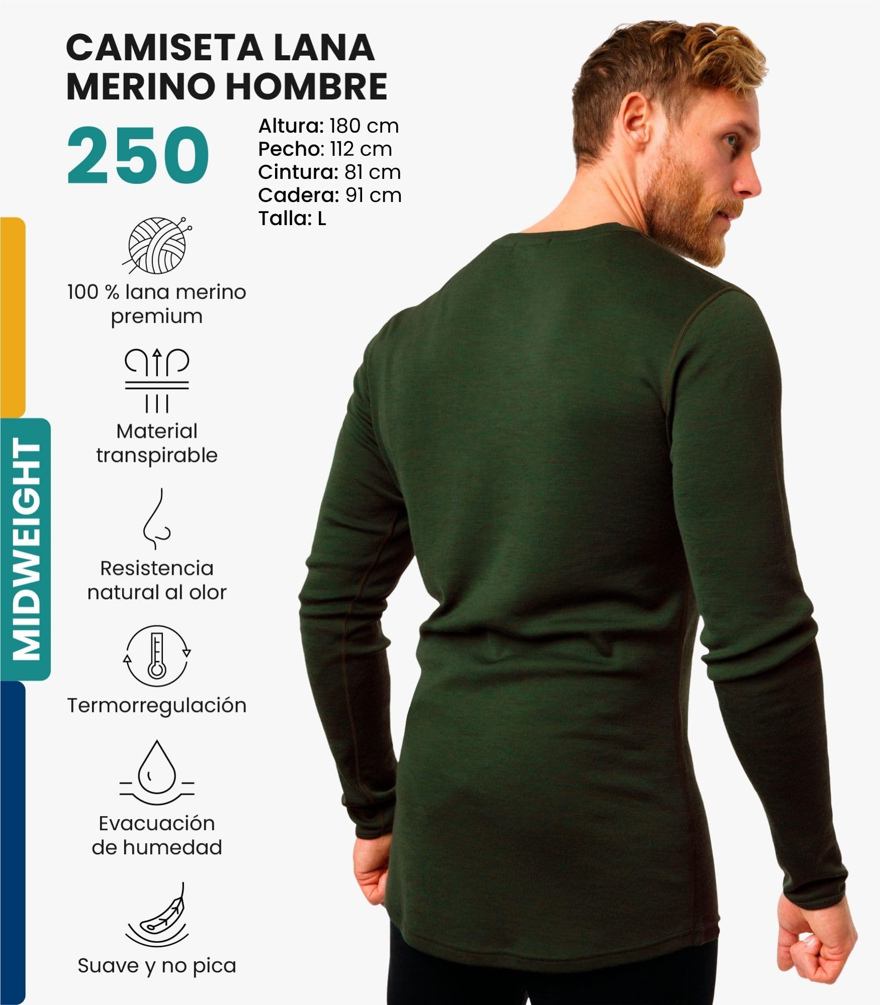 Merino.tech Camiseta Lana Merino Hombre - Deportiva Ropa Térmica 100% Lana Merino Ligero, Medio, Pesado con Calcetines - 3