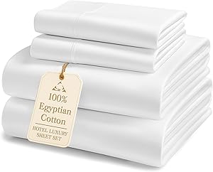 LANE LINEN No Pill Fade Resistant 100% Egyptian Cotton Sheets King Size, Soft & Comfy Naturally Cooling Fully Elaticized Reinforced Seams 16 inch Deep Pocket King Size Sheets Set- Snow White
