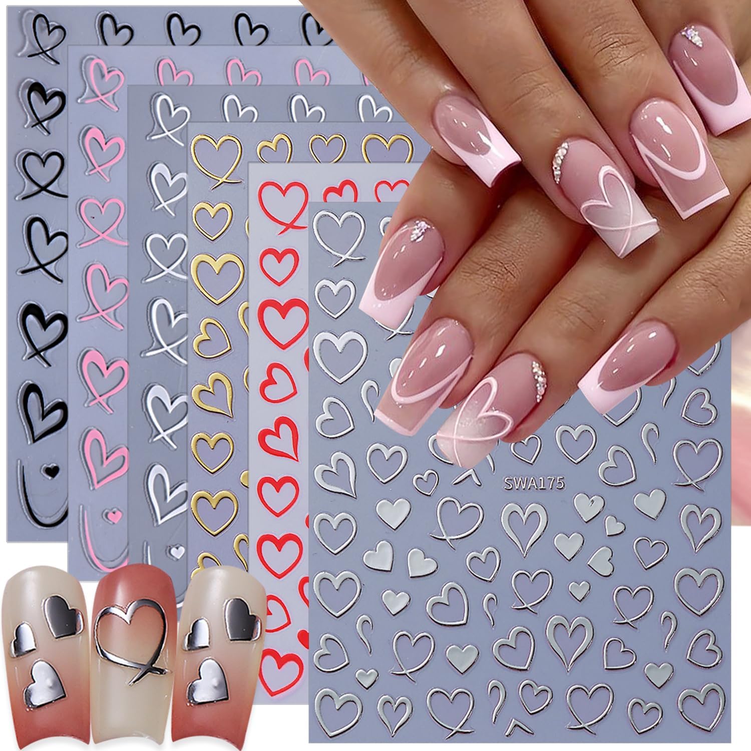6 Sheets Heart Nail Stickers for Nail Art 3D Self-Adhesive Valentines Nail Art Stickers with Red Silver Gold Hollow Hearts Design Cute Love Heart Nail Decals DIY Manicure Decoration Kit for Women