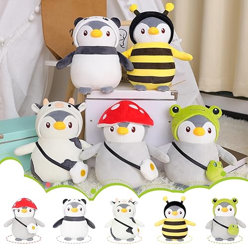 Miniatura 5 de Lindo juguete de peluche de vaca de pingüino, animal de peluche de 9.8 pulgadas con traje de vaca, regalo de cumpleaños de Navidad para niños
