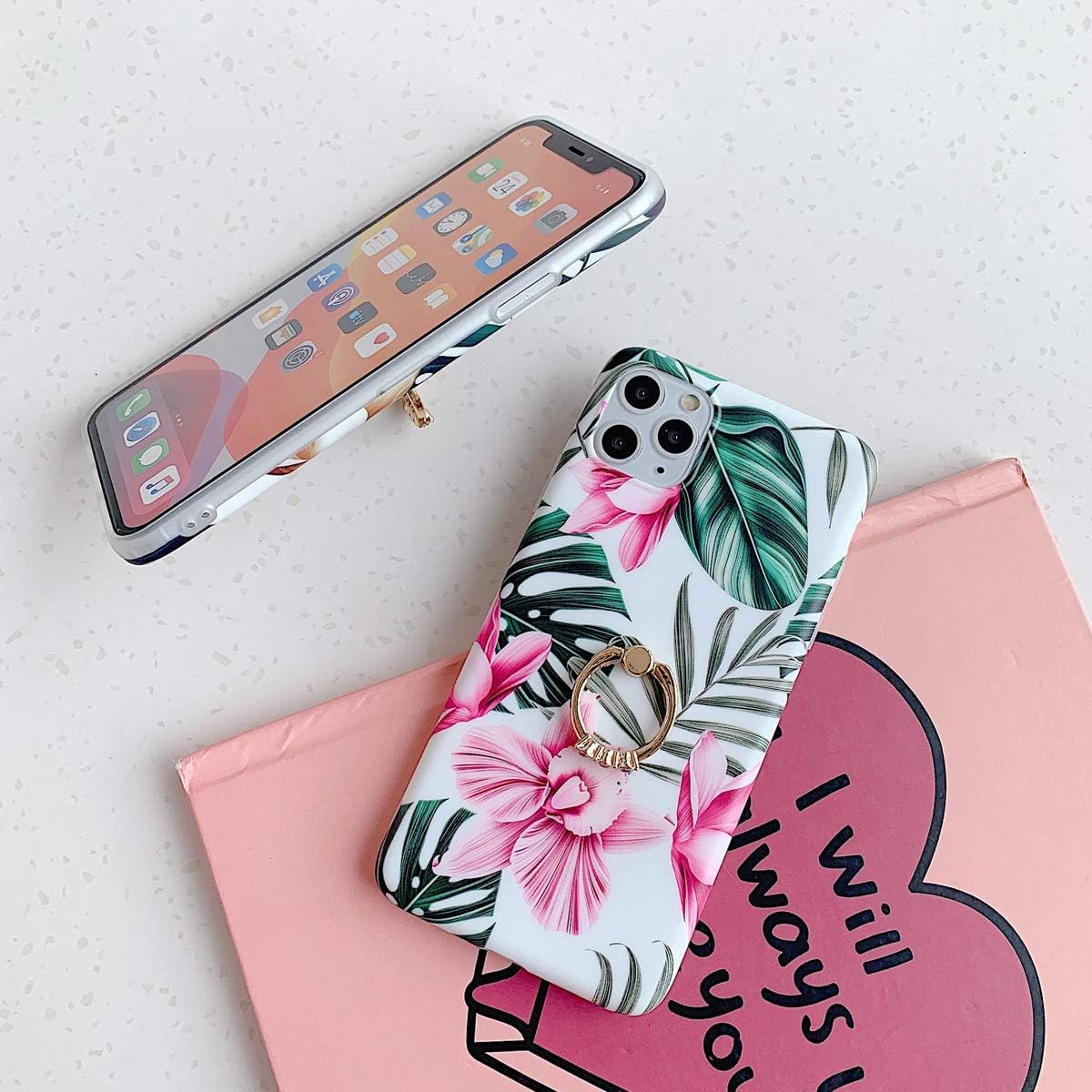 Qokey Compatible with iPhone 11 Case,Floral Case Cute Clear for Men Women Girls with 360 Degree Rotating Ring Kickstand Soft TPU Shockproof Cover Designed for iPhone 11 6.1 Inch Leaf White Flower