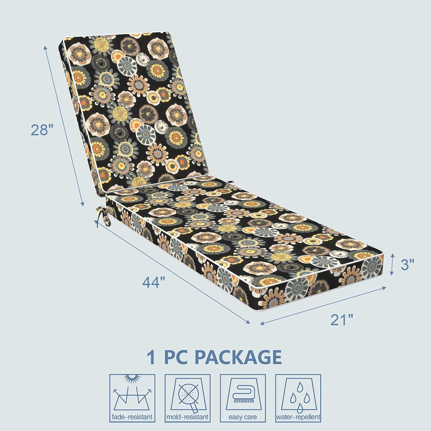 LVTXIII Outdoor Chaise Lounge Cushion 72x21x3 Inch, Water-Repellent Patio Seat Cushion with Ties & Hidden Zipper, Thick Foam Pad for Lawn Chair, Poolside, Patio Furniture, Black Yellow Crosby