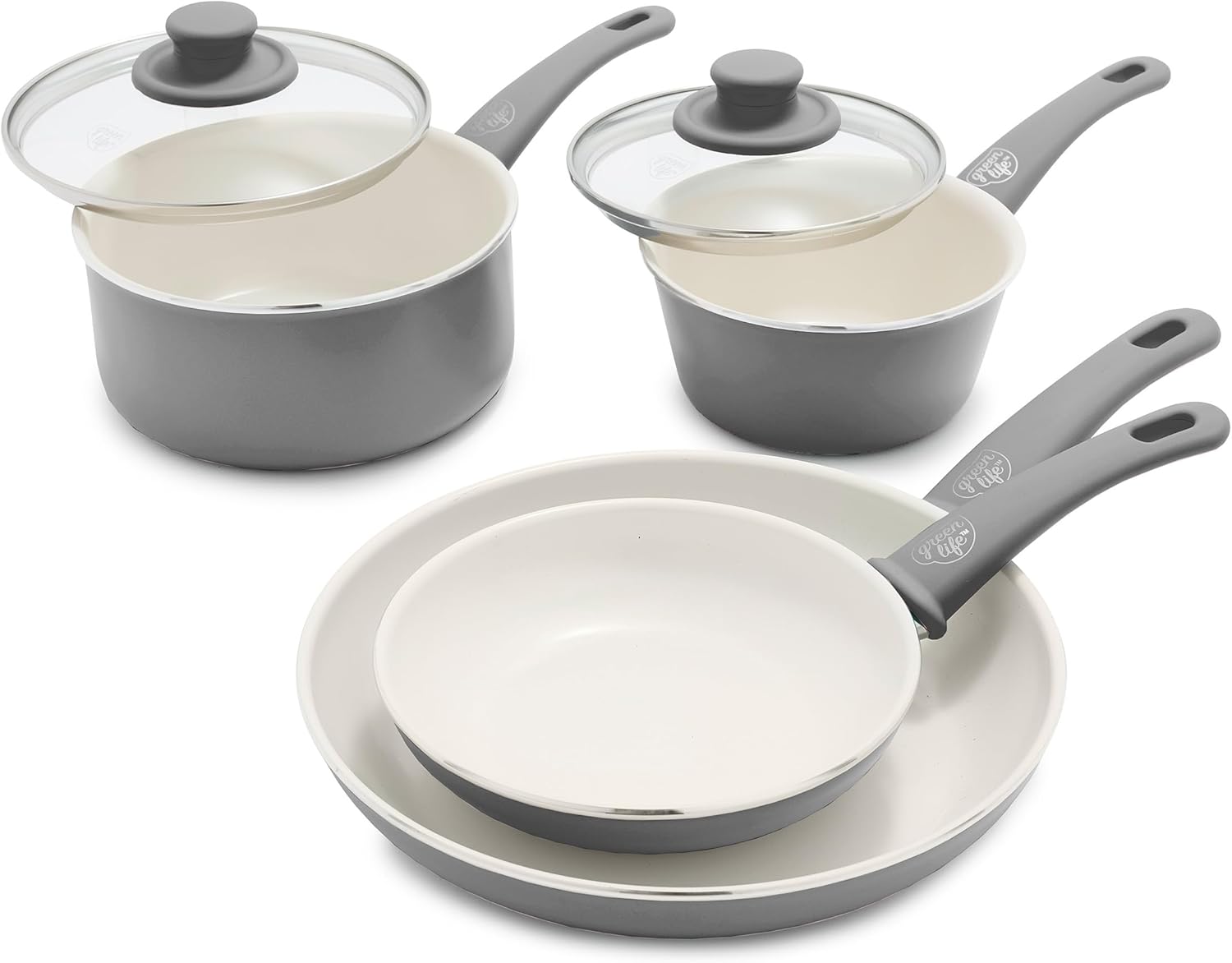 GreenLife Soft Grip Healthy Ceramic Nonstick Set, 7" and 10" Frying Pan Skillets, 1QT and 2QT Saucepans with Lids, PFAS & PFOA-Free, Dishwasher Safe, Sear, Saute, Fry, Gray