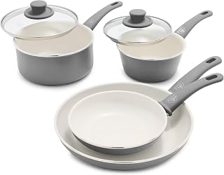 GreenLife Soft Grip Healthy Ceramic Nonstick Set, 7" and 10" Frying Pan Skillets, 1QT and 2QT Saucepans with Lids, PFAS & PFOA-Free, Dishwasher Safe, Sear, Saute, Fry, Gray