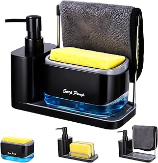 Spülmittelspender Küche Set, Seifenspender K üche mit Tablett und Schwammhalter,Waschmittel Wiederbefüllbar,Geeignet für Küchenspüle