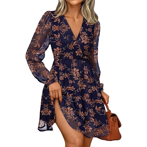 LILLUSORY Womens Long Sleeve Wedding Guest Dresses Winter 2026 Casual Fall Fashion V Neck Mini Chiffon Dress Flowy Clothes