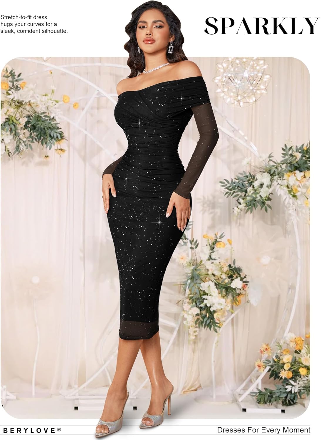 BeryLove Womens Sparkly Off Shoulder Formal Wedding Guest 2026 Cocktail Mesh Sequin Dress - Image 5