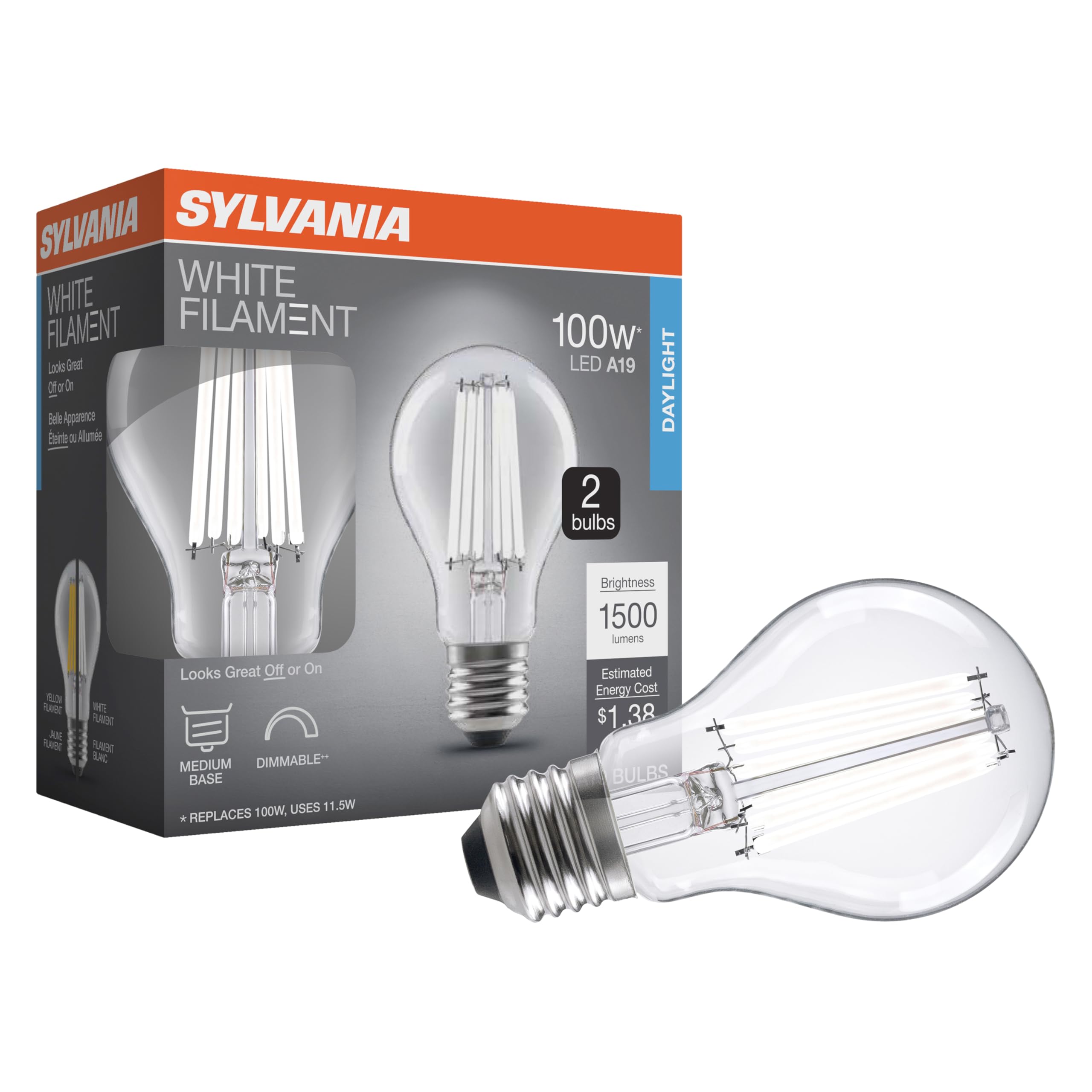 Sylvania A19 Clear LED White Filament Bulb 11 5W Dimmable 1500 LMS Medium Base 5000K Daylight - 2