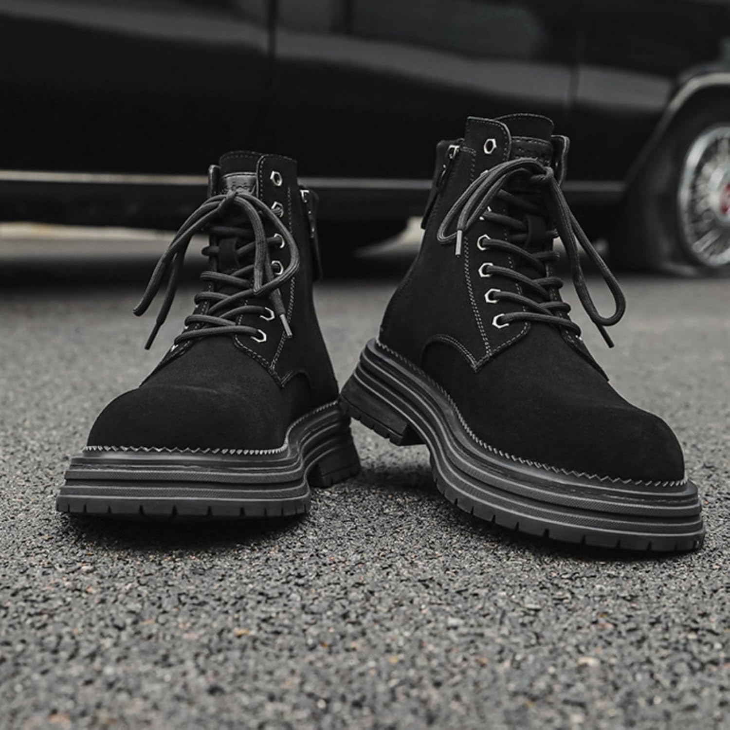 Men'S Leather Thick Soled Combat Boots Stylish Side Zip Lacing With Wide Thick Heel And Rubberized Sole Anti-Static And Slip Resistant High Top Motorcycle Boots Dancing Style Short Boots