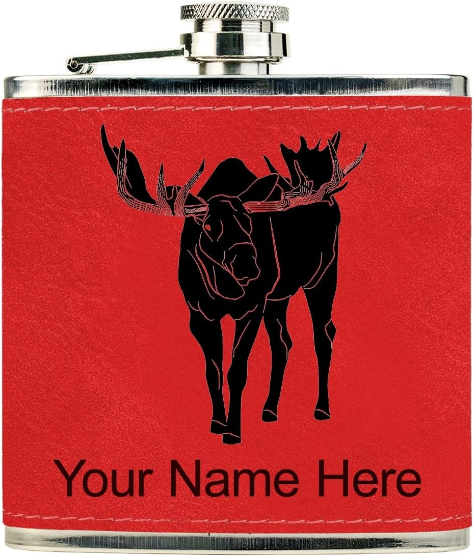 Faux Leather Flask, Moose, Personalized Engraving Included (Dark Brown)