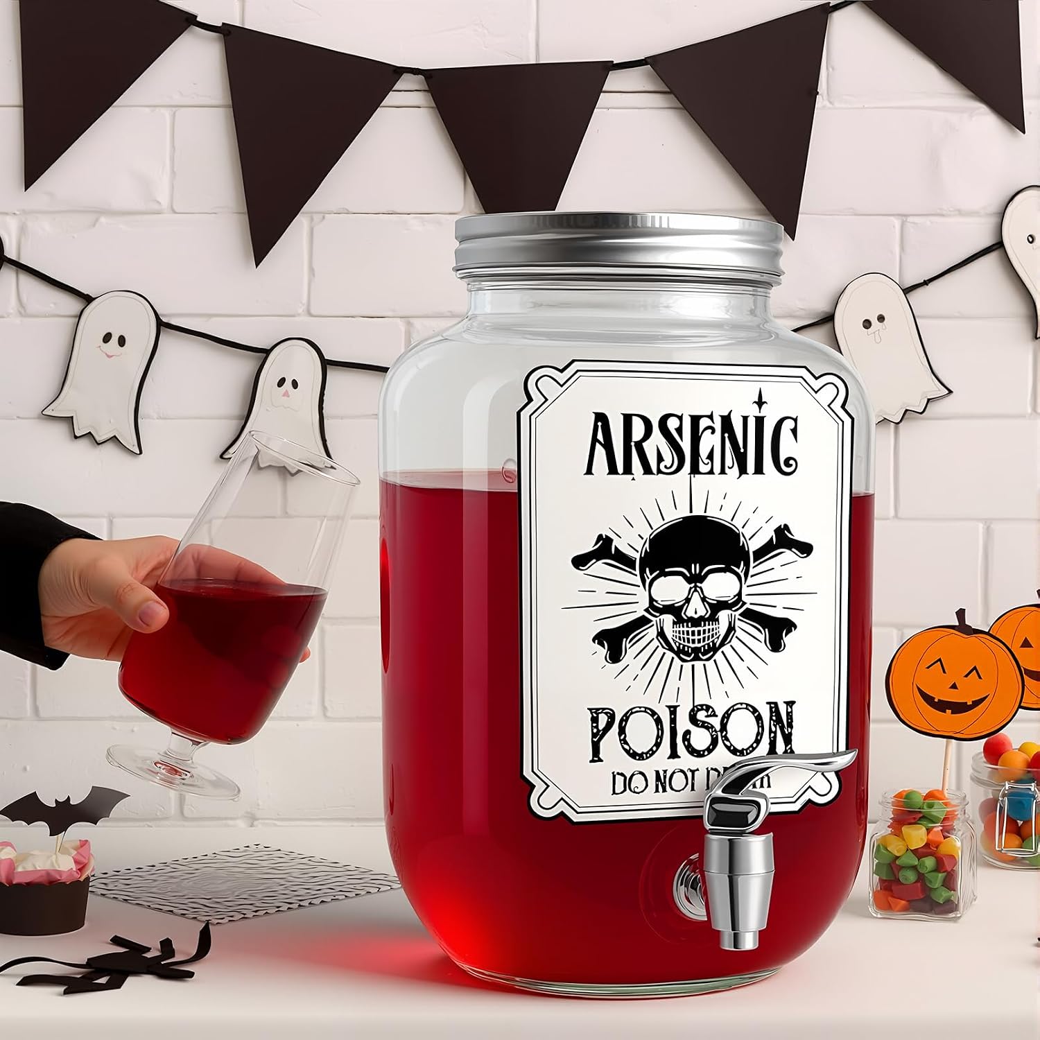 Vesici 1.06 Gallon Halloween Drink Dispenser Glass, Spooky Skull