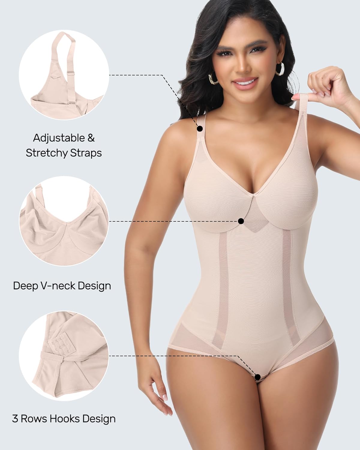 Shapewear Bodysuit with Underwire for Women Deep V Neck Faja Body Shaper Mesh Slimming Bodysuit - Image 4