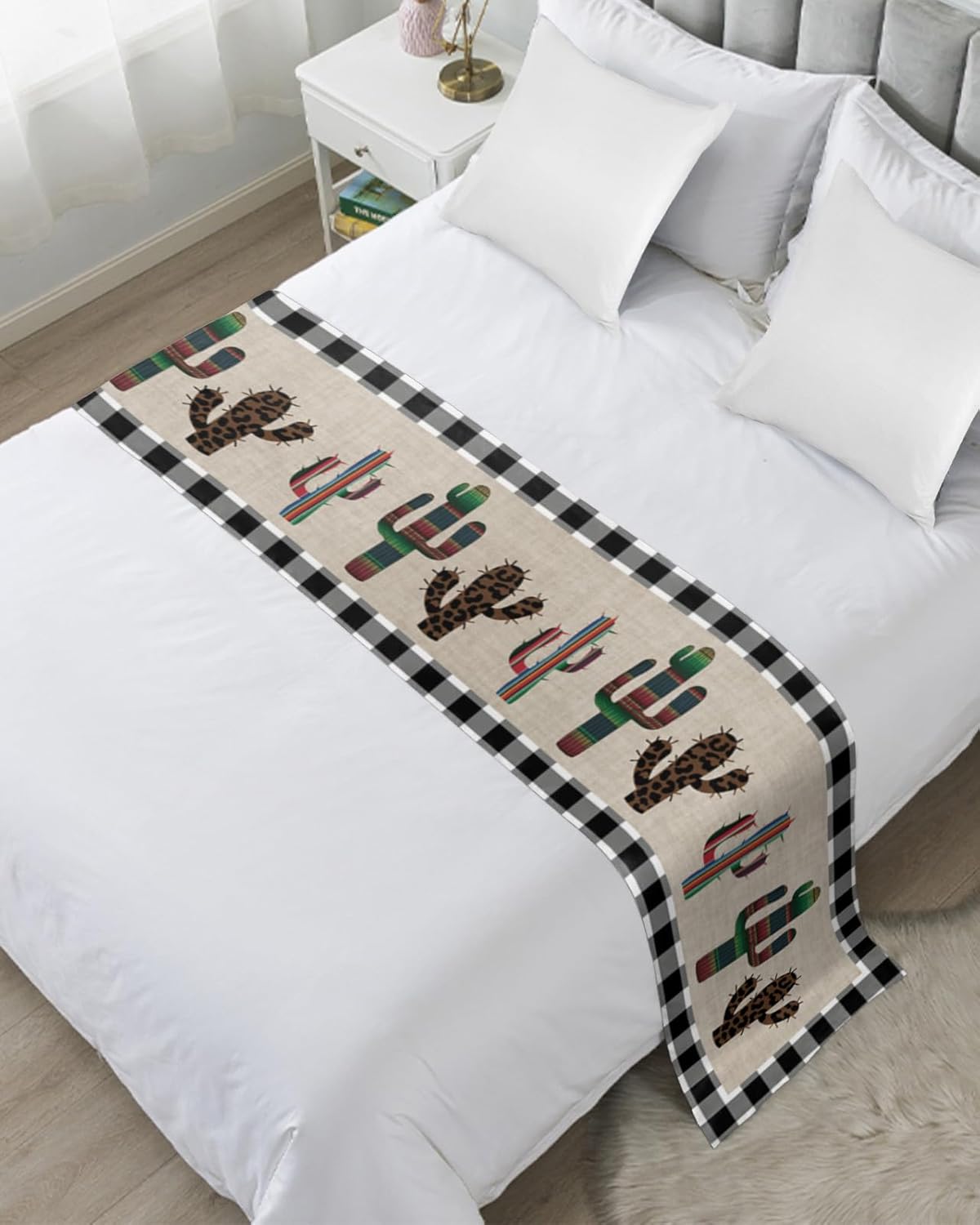 Bed Runners & Scarves, Tropical Plants Leopard Cactus Texture Black and White Buffalo Bed Runner, Bed Scarf Protector Decorative Accent Bedding Scarf for Hotels Homes and Guestrooms, 102 x 20 inches