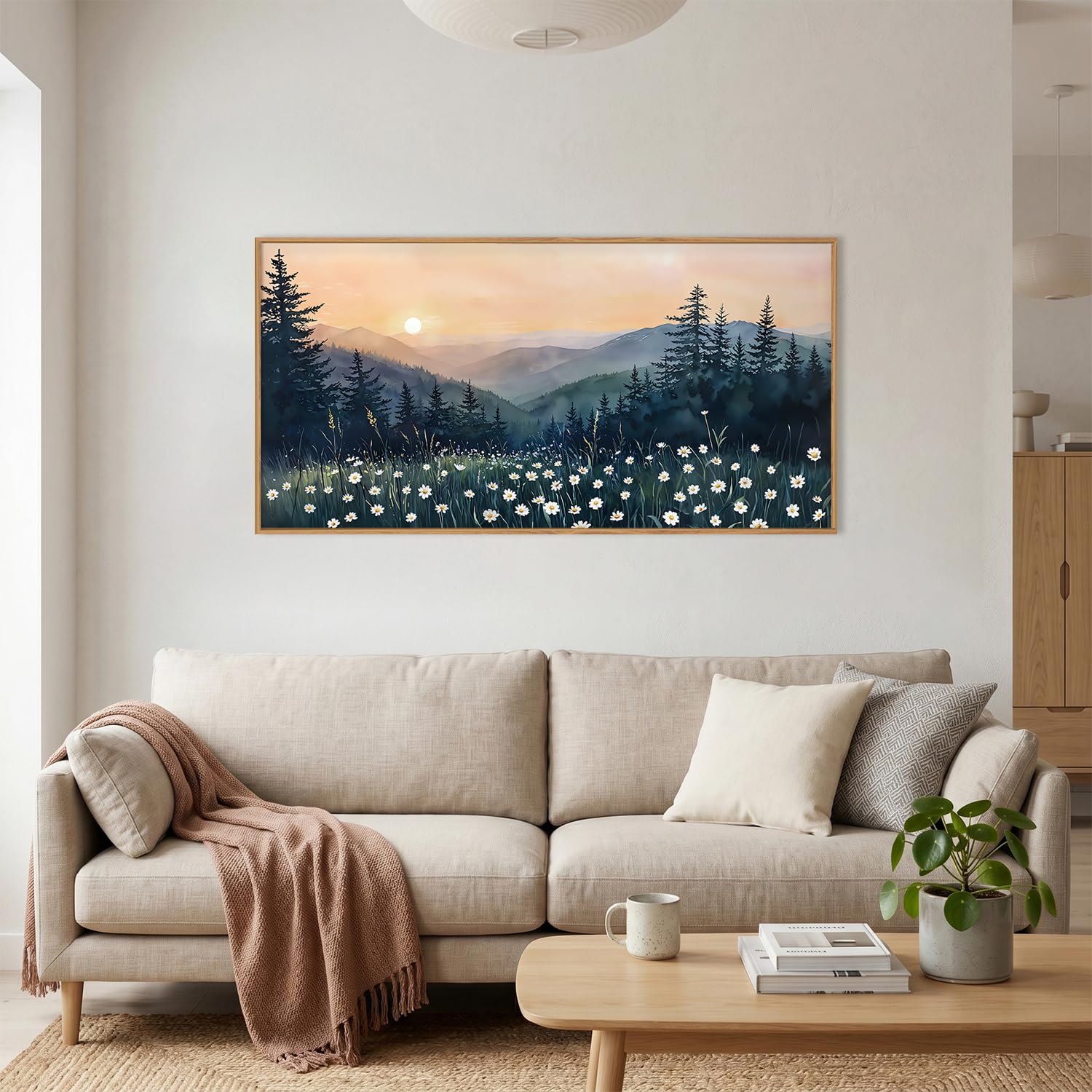 KAIRNE Mountain Floral Landscape Framed Canvas Wall Art Set,Watercolor Forest Wall Decor,Misty Pine Tree Art Prints,Nature Sunset Scenery Artwork for Living Room,Bedroom,Farmhouse,Office-40 x20 x1