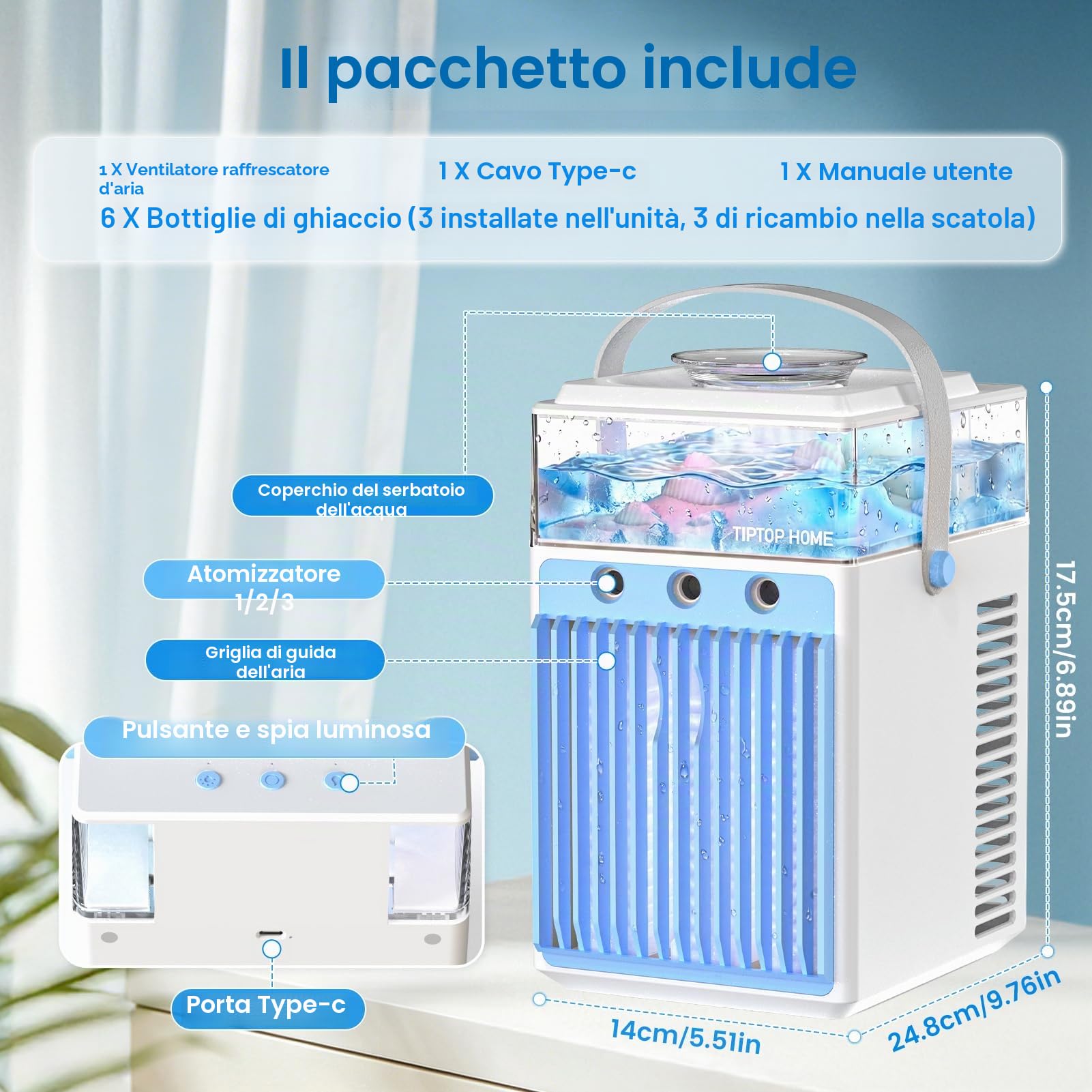 Mini Condizionatore Portatile, 5 in 1 Climatizzatore Portatile Senza Tubo con 3 Velocità, 3 Modalità di Nebulizzazione, Controllo Tramite App e Timer, Silenzioso Evaporativo Ventilatore con Ghiaccio